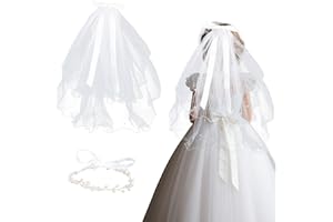 Mikovivi First Communion Veil Set for Girls, White Ivory Tulle Veil with Pearl Flower Headpiece Religious Bridal Bride Bachel