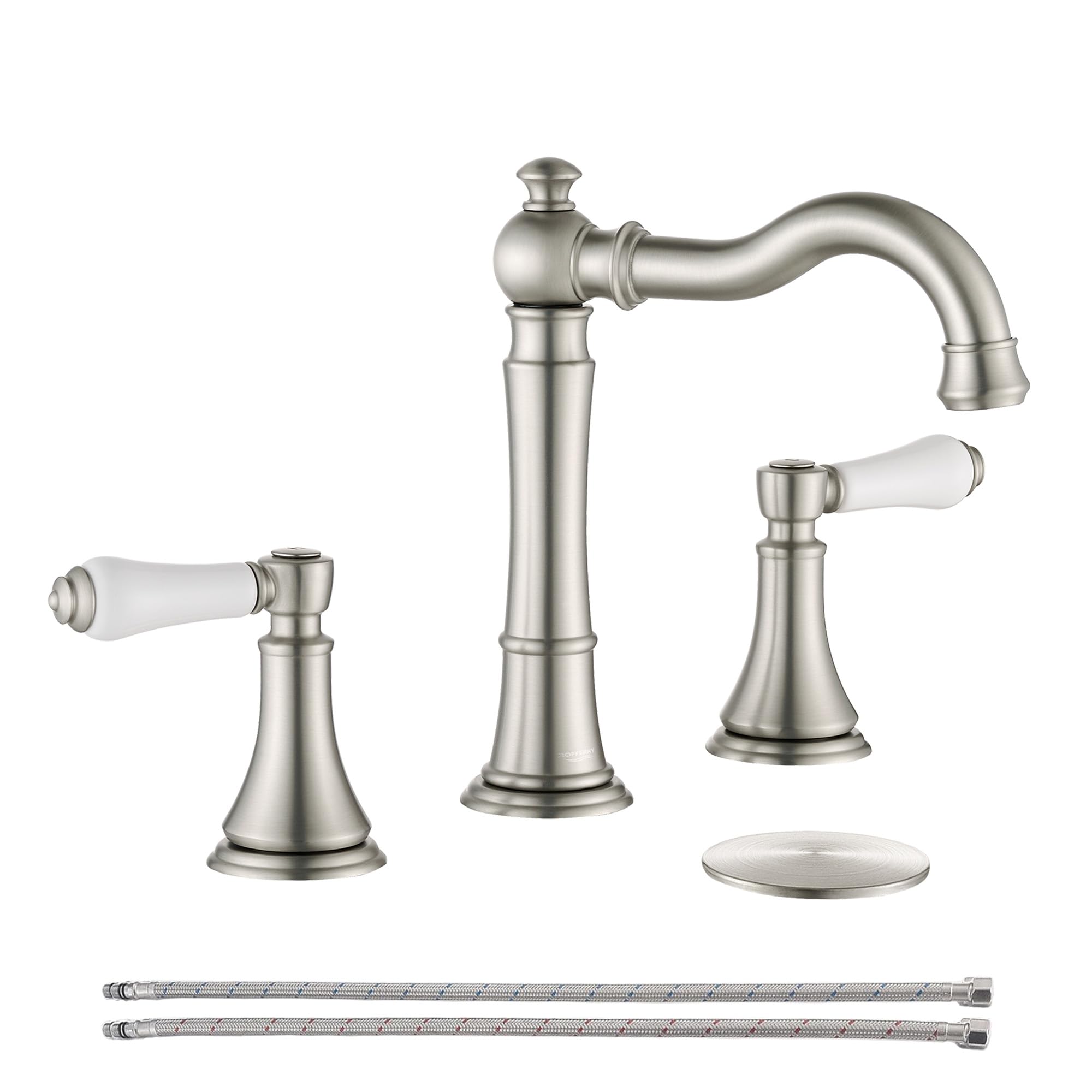 Photo 1 of Roffenny Porcelain 2-Handle Bathroom Faucets Brushed Nickel 8 inch Widespread with Plastic Pop-Up Drain & 2Pcs Water Supply Lines, Classical Vanity Sink Faucet for 3 Holes, 360° Swivel Brass Spout