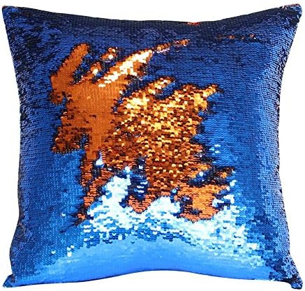 Reversible Sequin Pillow Case Decorative Mermaid Pillow Cover Color Changing Cushion Throw Pillowcase 16” x 16” ,Dark Bule and Gold