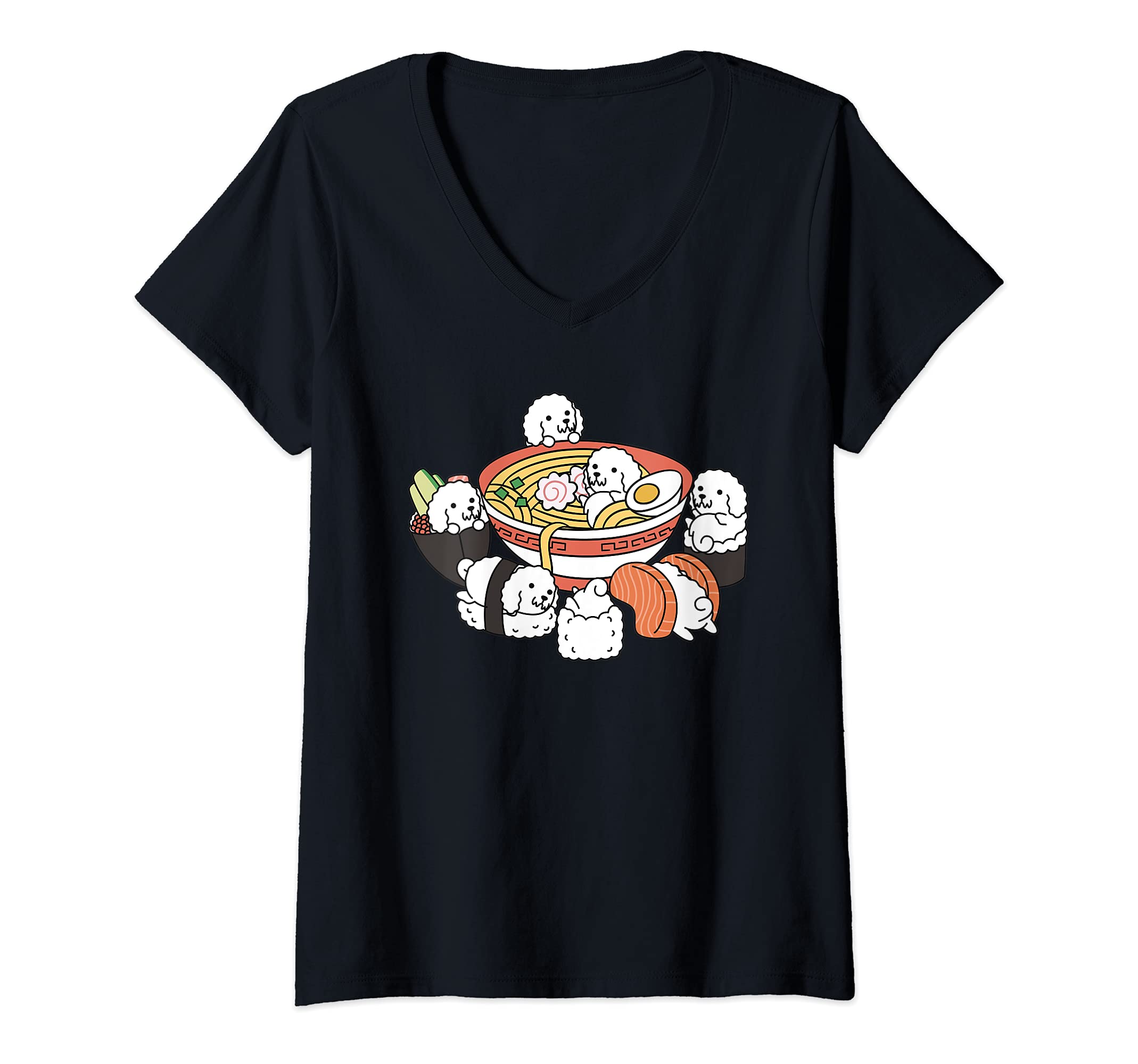 Womens Ramen Sushi Bichon Frise Dog V-Neck T-Shirt