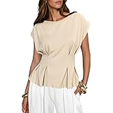 Cicy Bell Womens Peplum Tops Summer Babydoll Cap Sleeve T-Shirts Dressy Casual Crew Neck Pleated Blouses