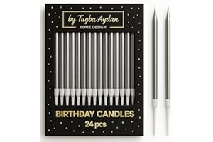 Birthday Candles - 24 Count Long Thin Silver Birthday Candles for Cake, Metallic Cake Candle for Birthday, Party Candles