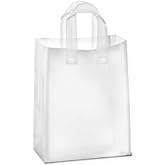 Purple Q Crafts Frosted Plastic Gift Bags 100 Pack 8" x 10" x 4" Clear Frosted Bags with Soft Loop Handles and Cardboard Insert, for Gifts Retail and More