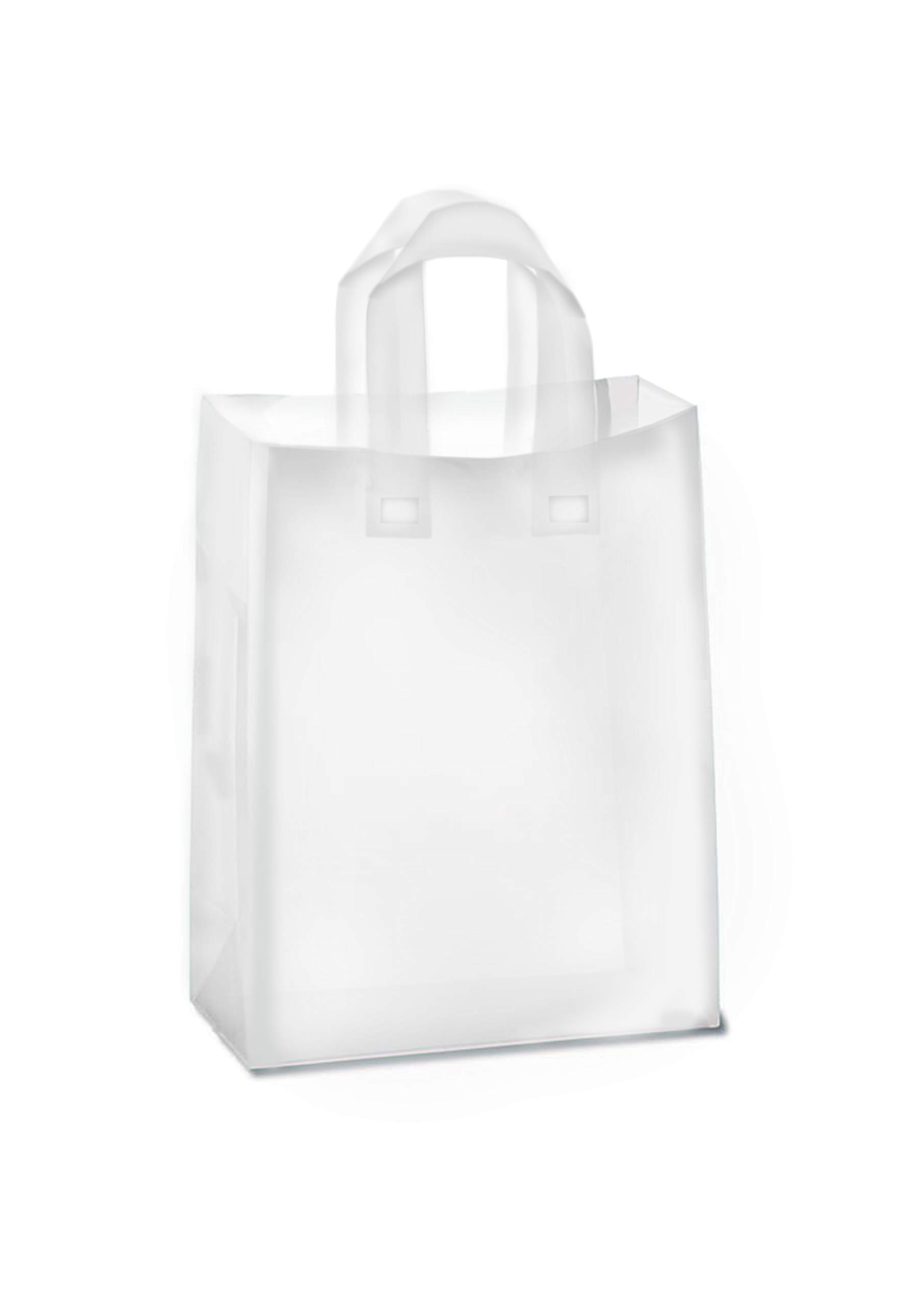 Photo 1 of Purple Q Crafts Frosted Plastic Gift Bags 100 Pack 8" x 10" x 4" Clear Frosted Bags with Soft Loop Handles and Cardboard Insert, for Gifts Retail and More