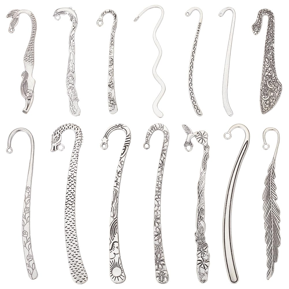 UNICRAFTALE 14pcs 14 Styles Tibetan Style Alloy Bookmarks Findings Antique Silver DIY Vintage Bookmark Unique Carved Hook Pendant Charm Book Marker with Loops for Book Lover DIY Project Gift