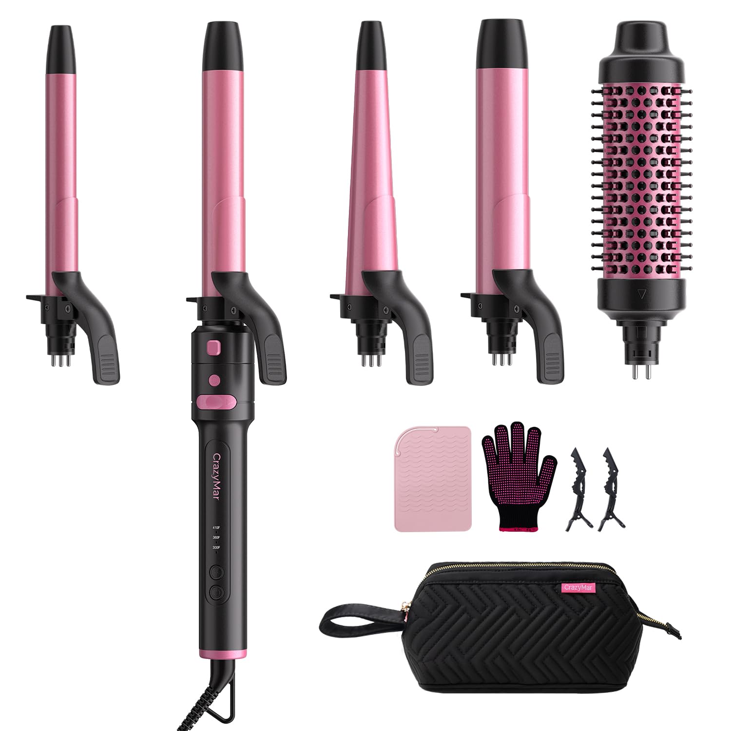 Photo 1 of 5 in 1 Automatic Rotating Curling Iron Set, CrazyMar Curling Wand Set - 5 Barrels (3/4,1,1/4 Inch) Dual Voltage Curling Wand for Professional Hair Styling, Travel, Ceramic Coating, Women Gifts