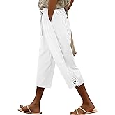 ONLYSHE Womens Capri Pants Casual Cotton Linen Trousers Lightweight Drawstring Elastic Waist Pants with Pockets,XS-3XL