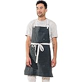 Caldo Linen Kitchen Apron for Cooking- Mens and Womens Linen Bib Apron for Professional Chef, Server, or Barista - Adjustable with Pockets (Slate)