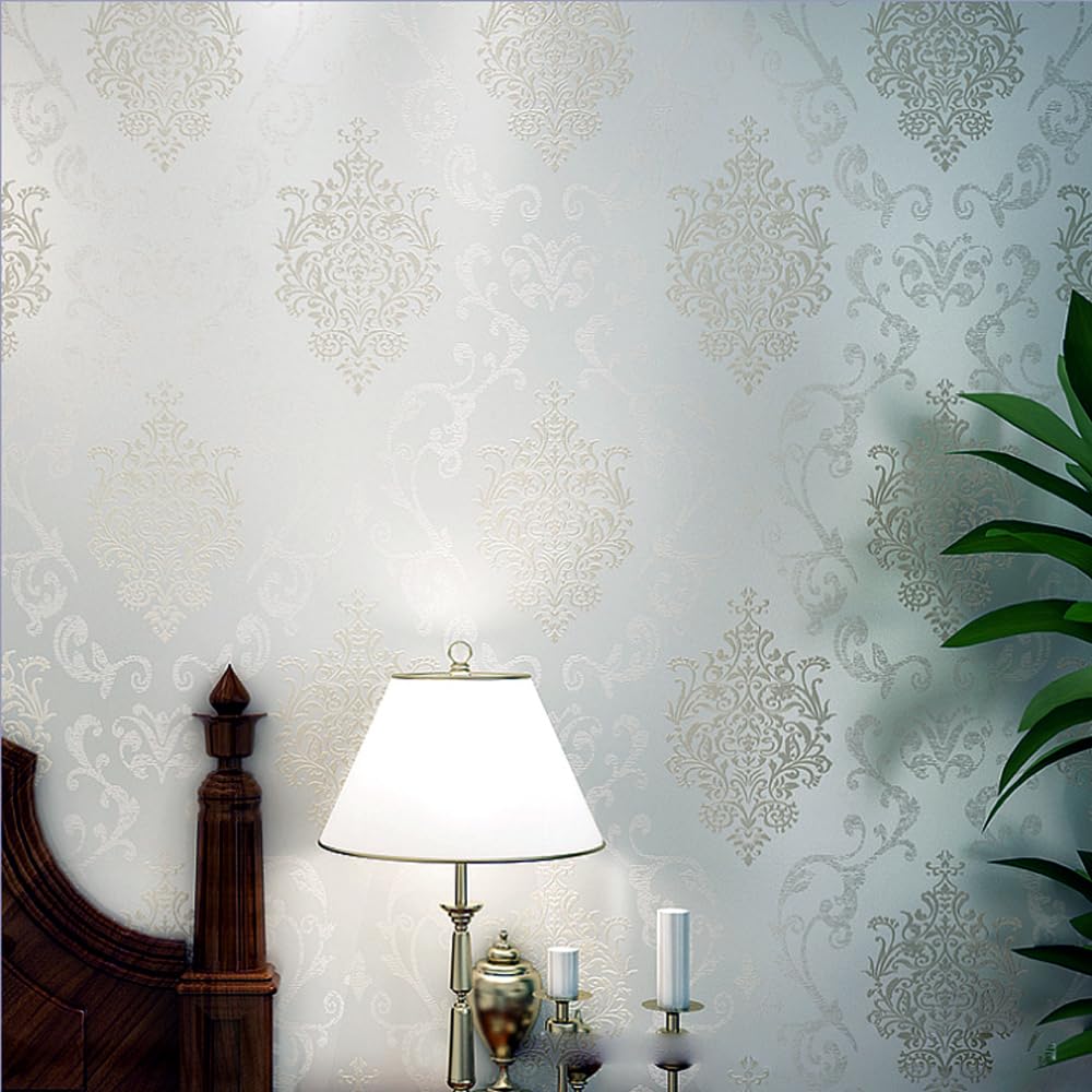 KeTian European Style Luxury 3D Damask Pearl Powder Non-Woven Wallpaper Roll for Living Room Bedroom Hotel Wallpaper Cream Color 0.53m (1.73' W) x 10m(32.8'L)=5.3m2 (57 sq.ft)