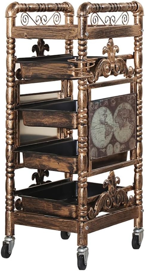 Retro Salon Hairdressing Trolley Hairdresser Barber Beauty Storage Hair Spa Roller Cart Salon Tray with 4 Pullout Golden Drawers
