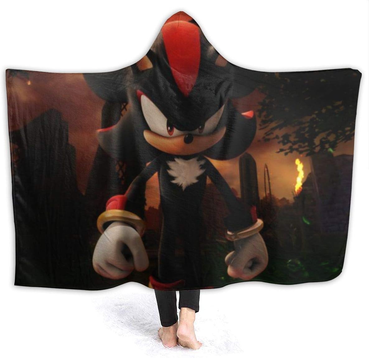 Winter Hooded Blankets for Kids Youth, Shadow The Hedgehog Game Fire Poster Wearable Blankets for Halloween, Outside, Study, Against Shedding Cozy Cloak Shawl Wrap