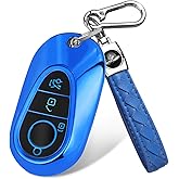 FT FUNTOR for Mercedes Benz Key Fob Cover,3 Black Buttons TPU Key Cover with Keychain,Compatible with Mercedes Benz 2022-2025 C S EQE EQS 2023-2025 GLC CLE SL 2024-2025 E Class (Blue)
