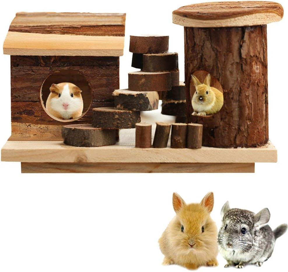 Hkim Wooden Hamster House, Deluxe Wooden Gerbils Hideout Home Hut Small Animals Pet Rats Chews Toys