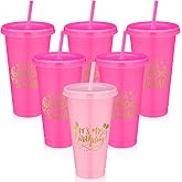 Jingmore Birthday Party Tumblers 24 oz Squad Plastic Tumblers with Lid and Straw for 20th 30th 40th 50th 60th Birthday Decorations Favor for Women Adults(Pink, Rose Red,6 Pcs)