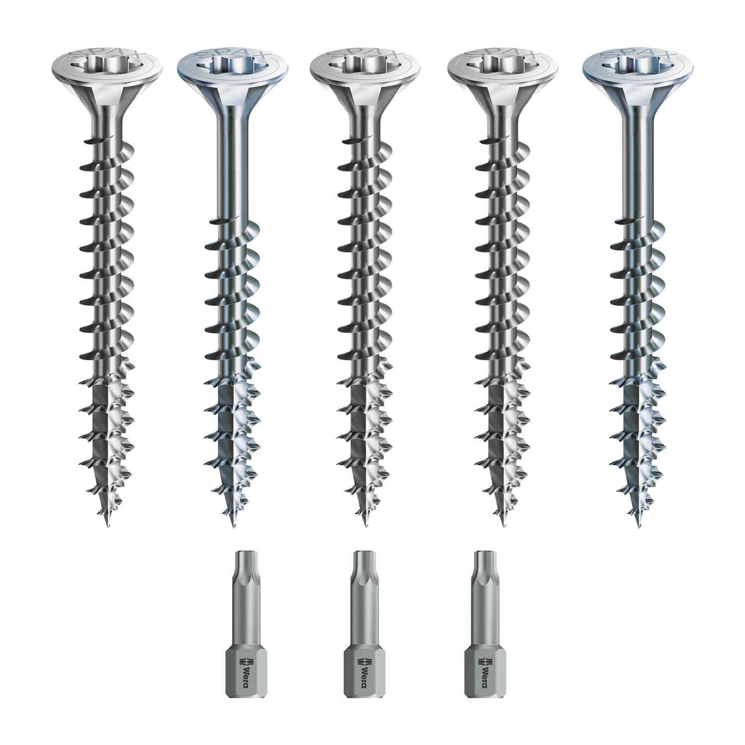 Spax Wood Screw Set Full/Partial Thread + Torx Bit 5 Sizes: 3 x 30/4 x 40/4.5 x 45/5 x 80/6 x 100 / WIRROX Silver — image 1