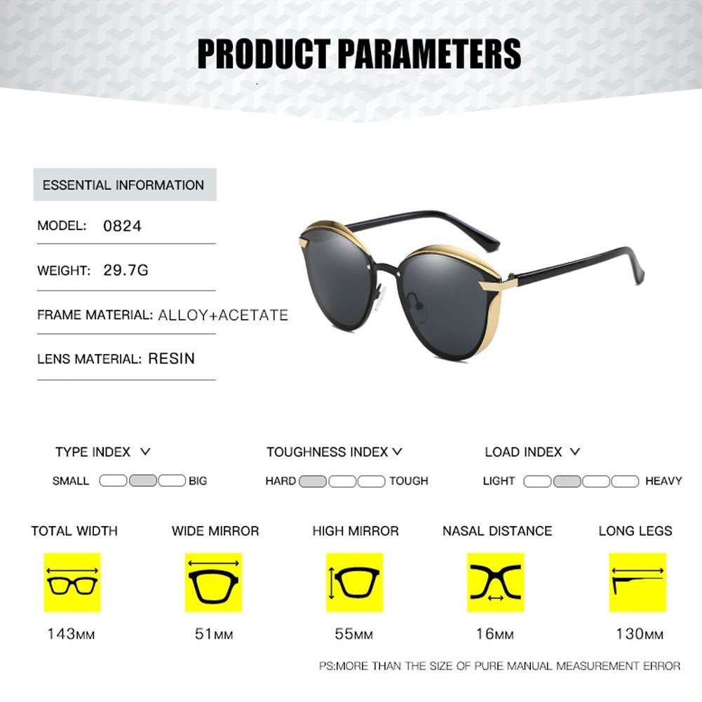 Fashion Polarized Sunglasses for Women Cat Eye Style Mirrored UV400 Protection (black)