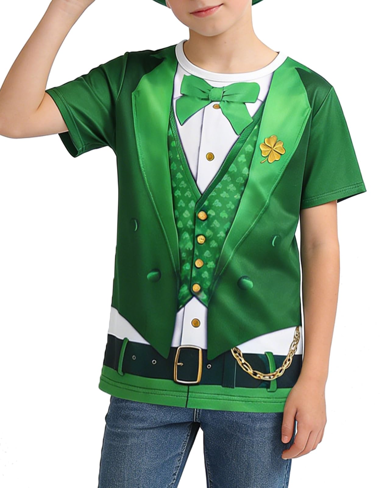 Xumplo Boys St Patricks Day Leprechaun Tuxedo T-shirt Kids 3D Print Shamrock Short Sleeve Festive Tee Tops 11-12 Years