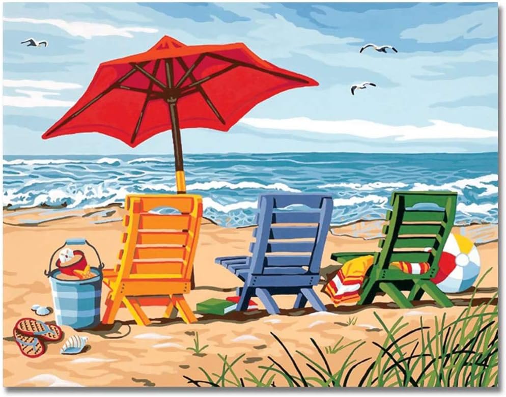 HuntGold Paint by Numbers Kit Sunny Beach Chair 40 x 50cm DIY Oil Painting Without Frame for Home Decoration