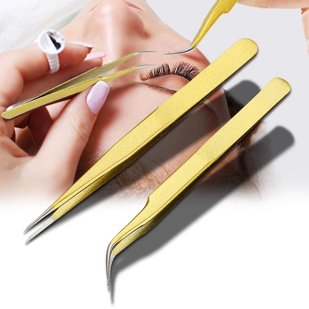 Eyelash Tweezers, Professional Stainless Steel Eyelash Tweezers Stainless Beautymisc Fake Eyelash Grafting Straight and Curved for Tweezers Tip Tweezers Nipper(2#)