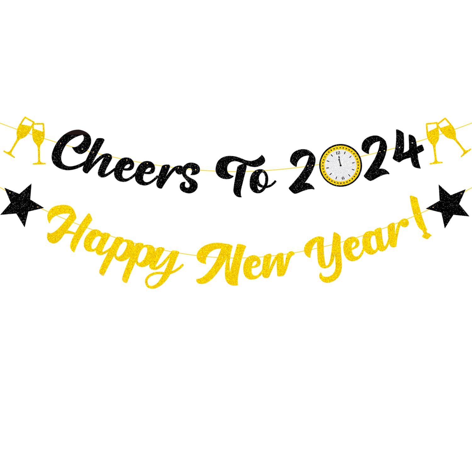 Elicola Happy New Year with Cheers to 2024 Banner Bunting New Year Eve Black Gold Glitter Backdrop for Party Decorations