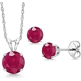 Gem Stone King 14K White Gold Red Ruby Pendant Earrings Jewelry Set For Women | 1.70 Cttw | Gemstone July Birthstone | Round 6MM | with 18 Inch Chain