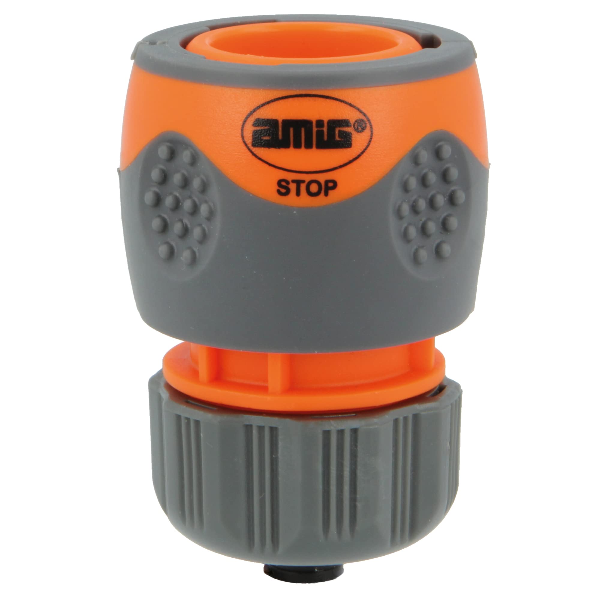 Amig - Quick Connector for Hose | 1/2" | with Quick Click Anchor | Safety Stop Function | ABS Plastic & Rubber | Orange and Grey