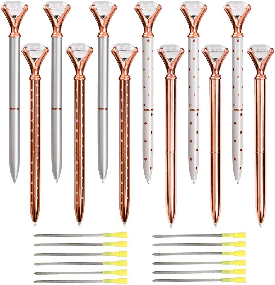 12pcs Diamond Ballpoint Pens with Bonus 12pcs Ballpoint Pen Refills and 1pc Pen Bag, Big Crystal Rose Gold Pen,Bling Pens Make Beautiful Gifts for Women,Kids,Girls,Co-Workers and Teachers