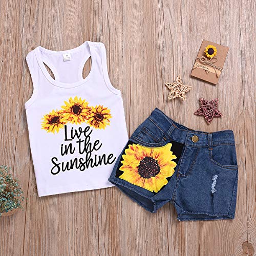 2 Style Toddler Girl Sleeveless Vest Tops +Floral Denim Shorts Outfits Set (5-6T, Sunflower+White)