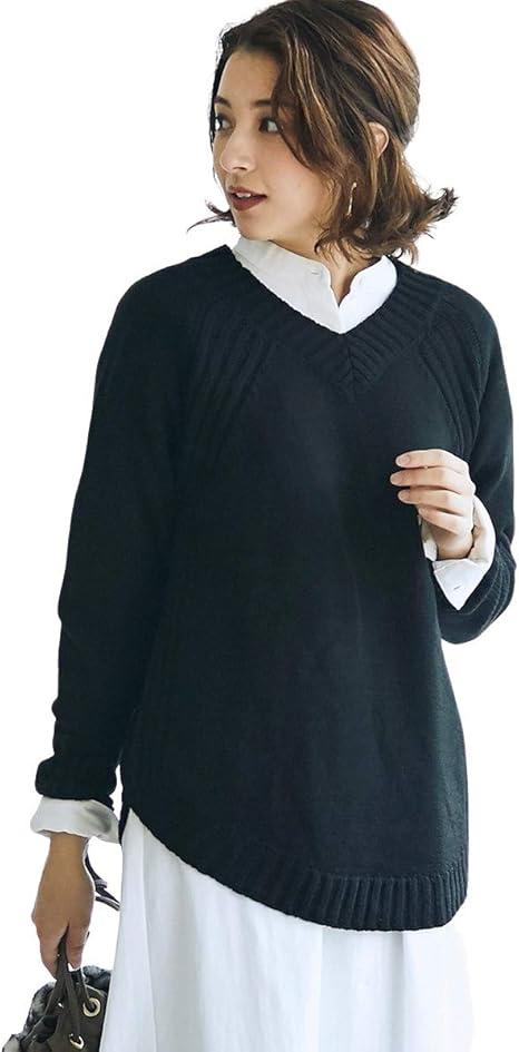 Amazon Nissen ニッセン Tシャツ カットソー トールサイズ トップス チュニック トールサイズ 裾ラウンドvネックニット 黒 Ltt セーター 通販