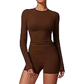 QBGJTD Womens Workout Sets Two Piece Long Sleeve Top Matching High Waist Shorts Sets Fall Winter Gym Work Out Clothes