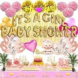 56pcs Mom's Nature Premium Girl Baby Shower Decorations for Girl Set Pink and Gold Party Supplies Oh Baby Balloon It's a Girl Banner Mom to Be Sash Flower Paper Pom Pom Table Decoration Gold Backdrop