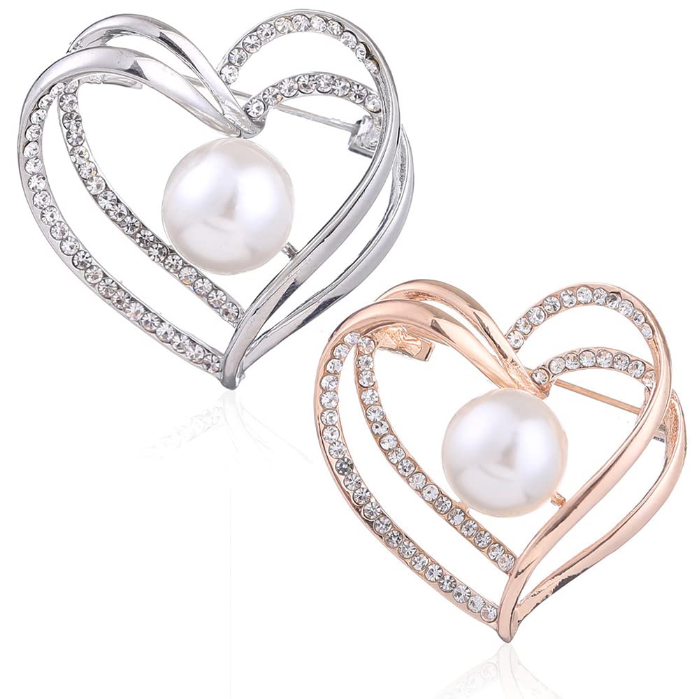 Nifocc Heart Shape Pearl Brooch Pins Crystal Love Heart Brooch Bridal Wedding Brooches Lapel Pins for Women Dress Clothes Sweaters Coat Hats Decorative Parties Jewelry Gifts - Gold Silver 2 Pcs
