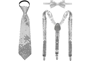 Lymizhuo 3Pcs Disco Costume Accessories Set – Silver Sequin Suspenders, Necktie & Bow Tie | Adjustable Disco Outfit for Party