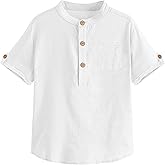 Malliosse Boys Short Sleeve Henley Shirt Button Up Linen Cotton Dress Shirts Tees Tops with One Pocket