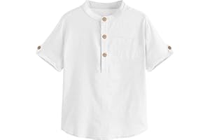 Malliosse Boys Short Sleeve Henley Shirt Button Up Linen Cotton Dress Shirts Tees Tops with One Pocket