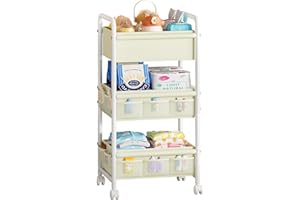 3-Tier Baby Diaper Caddy Organizer, Large Capacity Mobile Nursery Rolling Organizer with Wheels, Bedside Cart for Baby Essent