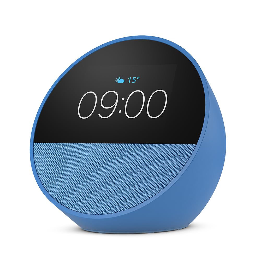 Echo Spot (newest gen), Smart alarm clock with vibrant sound, Ocean Blue, with Alexa+ Early Access