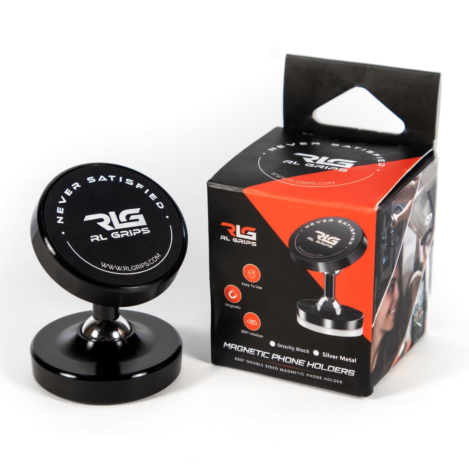 RL Grips® Magnetic Gym Mount with Double-Sided - 360° Rotating Phone Magnet with 2 Metal Stickers - Phone Holder for Car, Gym Machines, or Metal Surfaces (Black)
