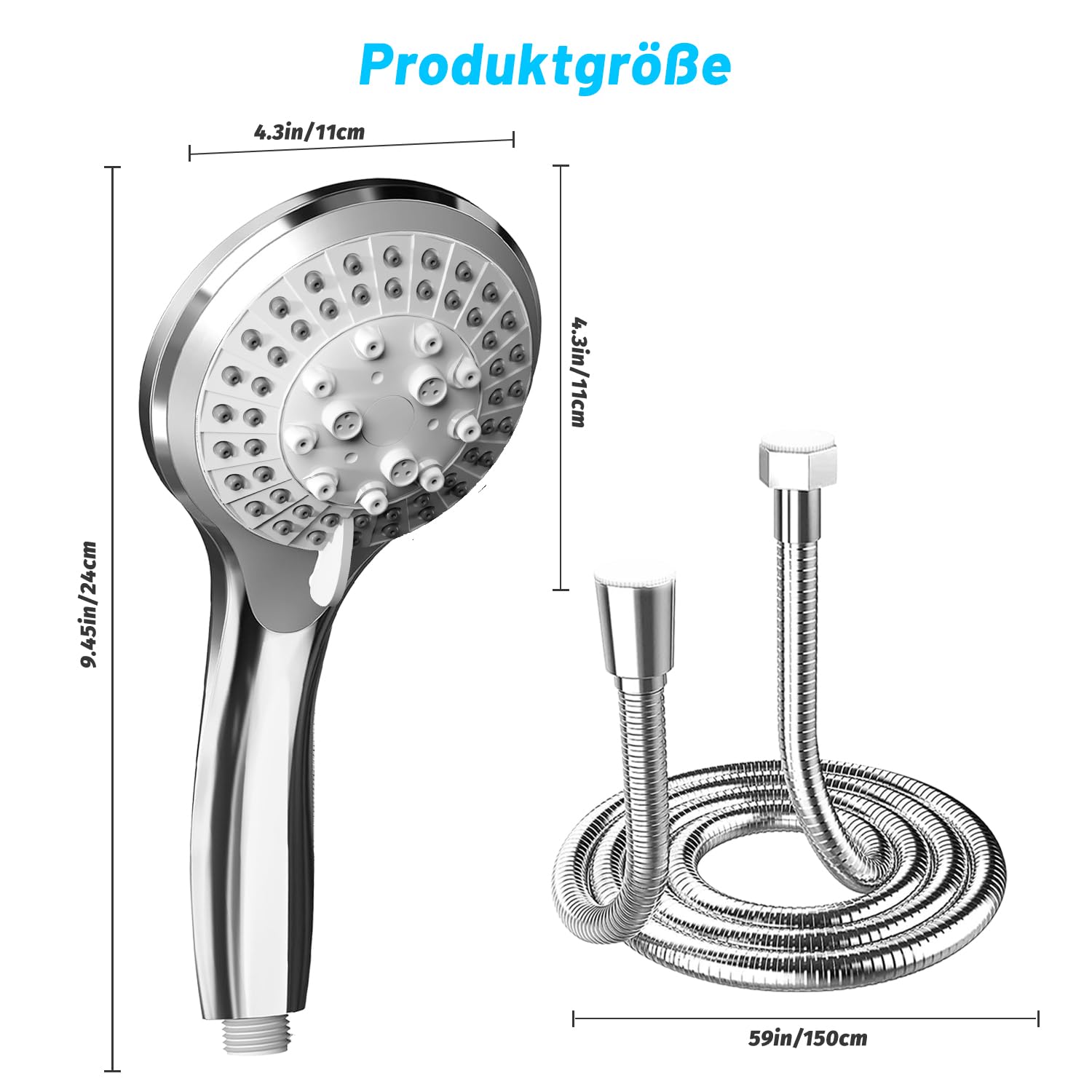 VEHHE Duschkopf mit Schlauch 1,5m, Chrome 5 Strahlarten Duschbrause, Hochdruck Dusche Sparduschkopf, Wassersparend Handbrause für Erwachsene Kinder Hausetiere 6