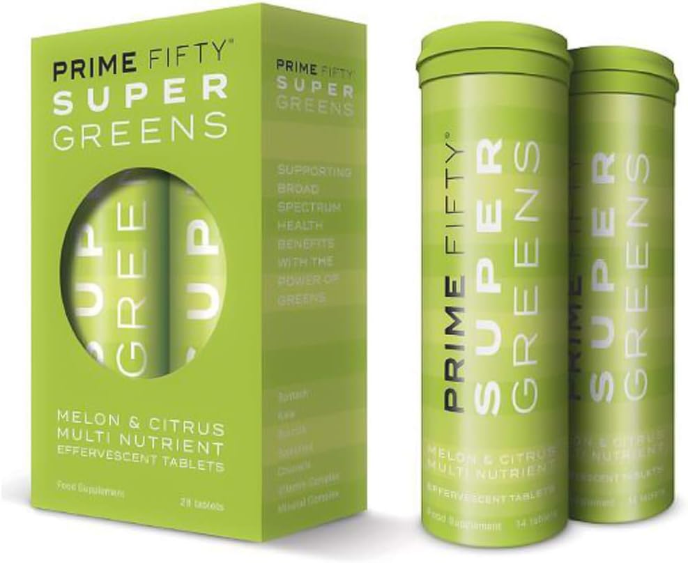 Prime Fifty Super Greens+ Supplement, Effervescent Multivitamins Tablets, 28 Day Supply