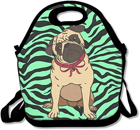 Cartoon Pug With Red Bow Handy Portable Zipper Lunch Box Lunch Tote Lunch Tote Bags