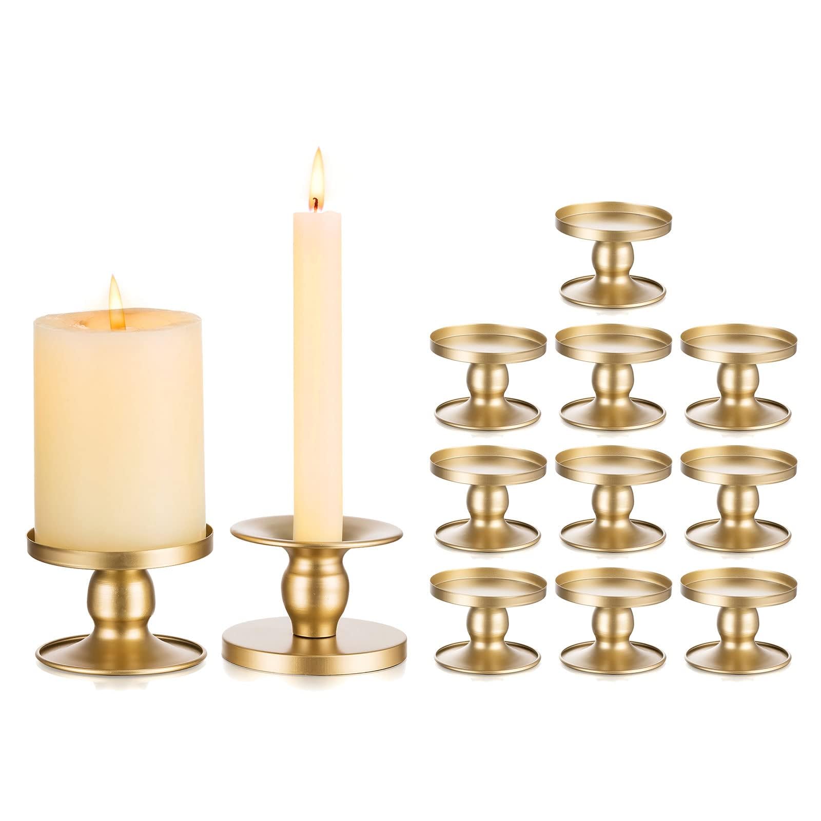 Romadedi Candle Holder - Small Metal 2-in-1 Taper & Pillar, Set of 12, Gold, for Table Centerpiece, Holiday Home Decor