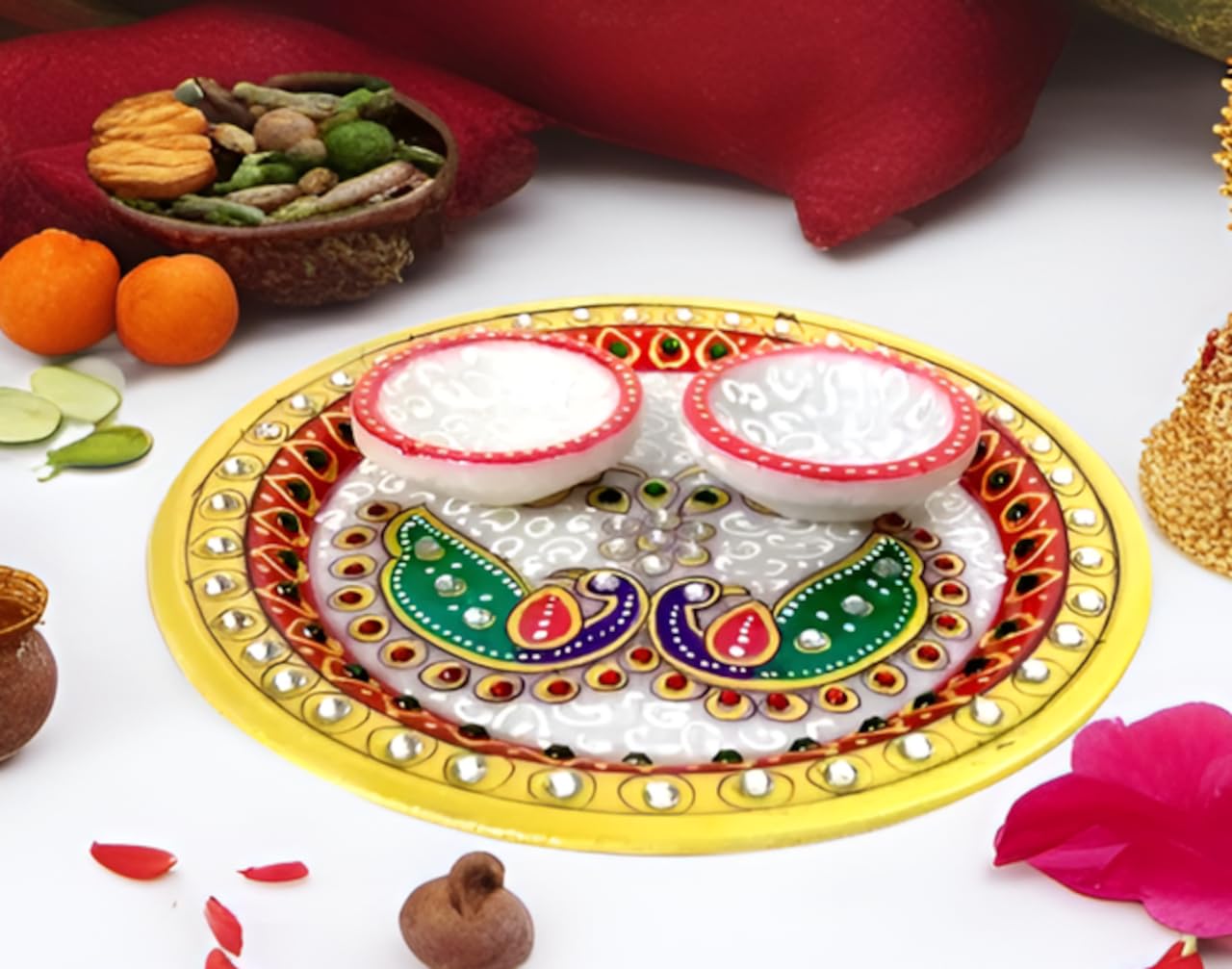 Purpledip Marble Puja Thali Set: Home Temple Decorative Platter (11893)