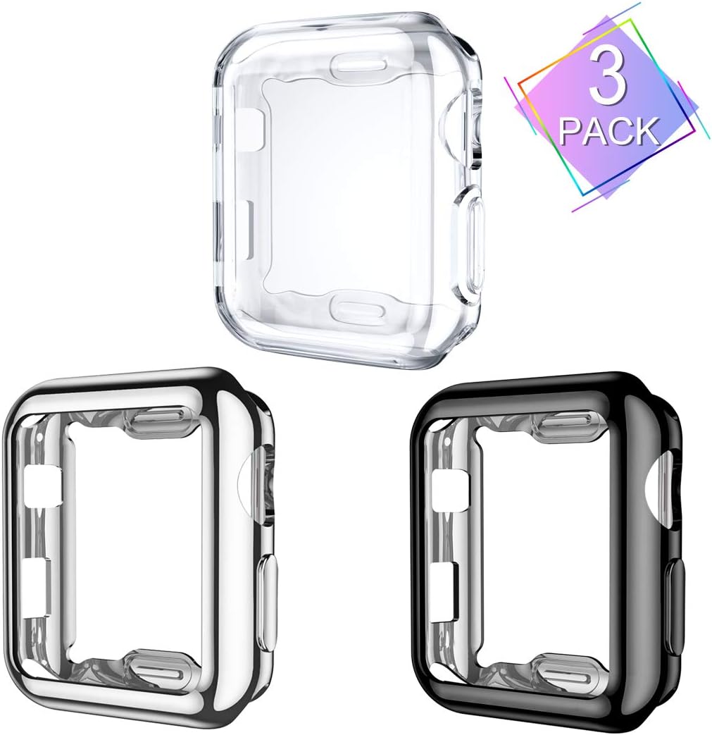 Henva Case Compatible with Apple Watch 38mm Series 3, Series 2, Series 1, Overall Protective Case Ultrathin TPU Cover Compatible for iWatch 38mm Series 3 2 1, 3 Pack, Black, Silver, Clear