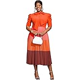 AOMEI Women's Colorblock Bowtie Neck Half Sleeve Pleated A-Line Midi Dress