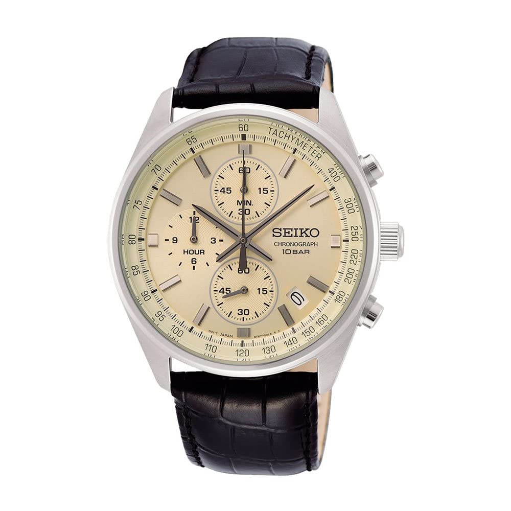 Seiko Men's Analogue Japanese Quartz Watch with genuine leather strap, beige - Chronograph