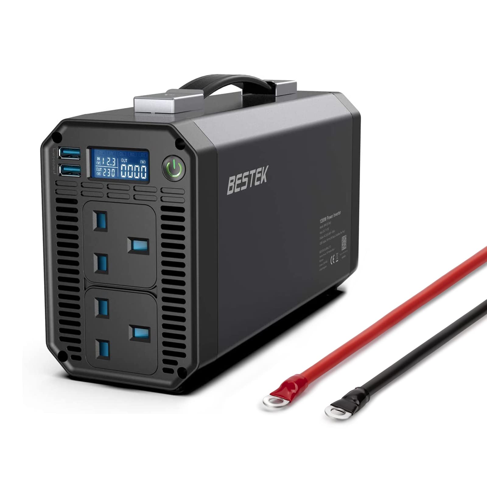 BESTEK 1200W 12V Car Inverter, DC 12V to AC 230V Power Converter with 2 UK Outlets, 2 USB Ports and LCD Display Screen for Outdoor Holiday Travel Using