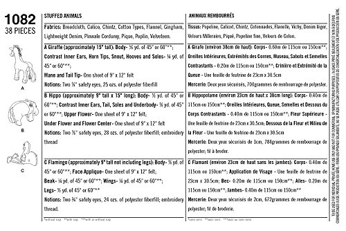 SIMPLICITY 1082 Stuffed Hippo, Giraffe & Flamingo Sewing Template, Size OS (One Size)