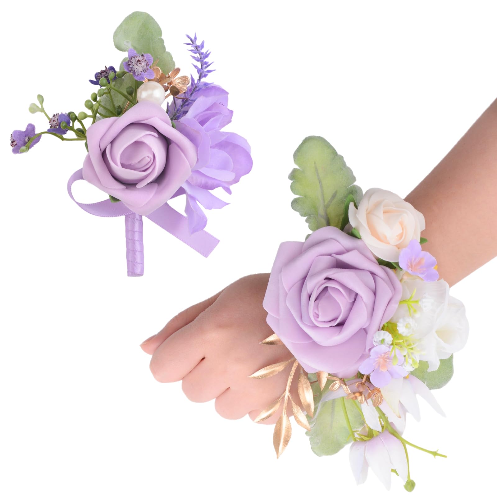 URROMA Light Purple Wrist Corsage and Boutonniere Set, 1 Set Foam Rose Hand Flower for Prom Artificial Wedding Wrist Corsage for Wedding Party Prom