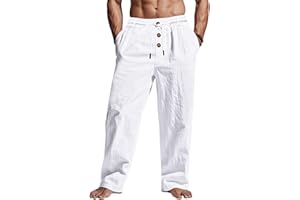 TRFIC ‌Men's Linen Pants Lightweight Drawstring Elastic Waist Pockets Loose Fit Straight Legs Summer Beach Yoga